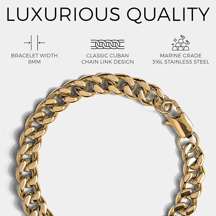 Elegatto Cuban Chain Premium 18K Gold Plated Bracelet for Men| Polished Gold-Plated Stainless Steel Cuban Link Chain | Men's Designer Jewelry Bracelets