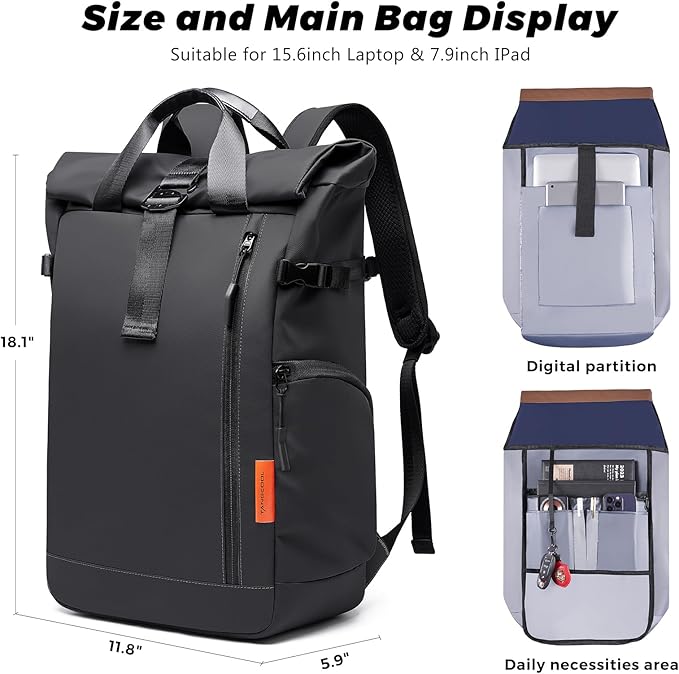 Roll Top Travel Backpack for Men and Women 15.6 Inch 20-25L Expandable Water-Resistant Commuter Casual Daypack Laptop Backpack for Work Business College