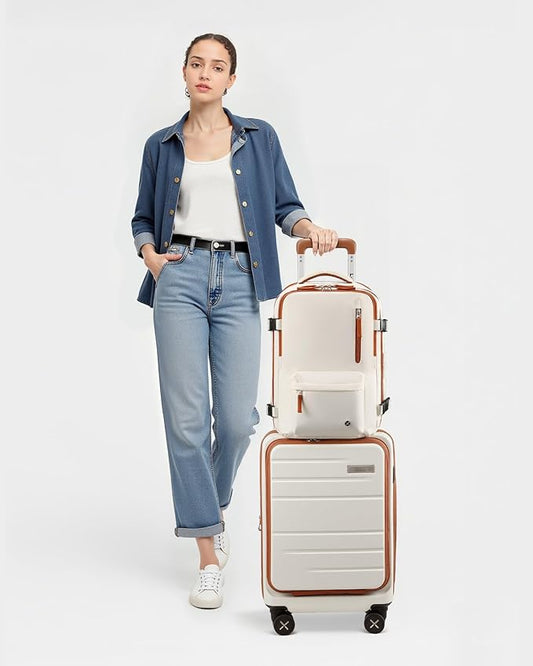 LUGGEX Carry On Luggage with Compartment, Expandable Polycarbonate Suitcase with Front Pocket (Hazelnut Ivory Edge, 2-Piece (20/Backpack))