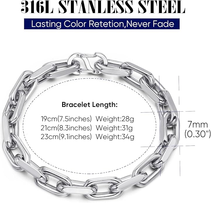 VNOX Link Chain Bracelets for Men - Cool Mens Bracelets Diamond-Cut Paperclip Solid Chain Bracelet Chunky Stainless Steel Jewelry Trendy Gifts