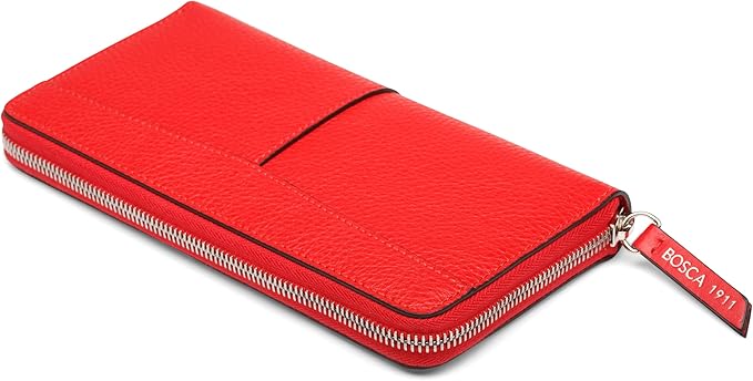 Bosca Womens Wallet - Slim Italian Leather Zip 8" Wallet For Women, Handmade in Italy - 12 Card Pockets, 2 Bill/Phone Pockets, Zipper Coin Pocket, Red