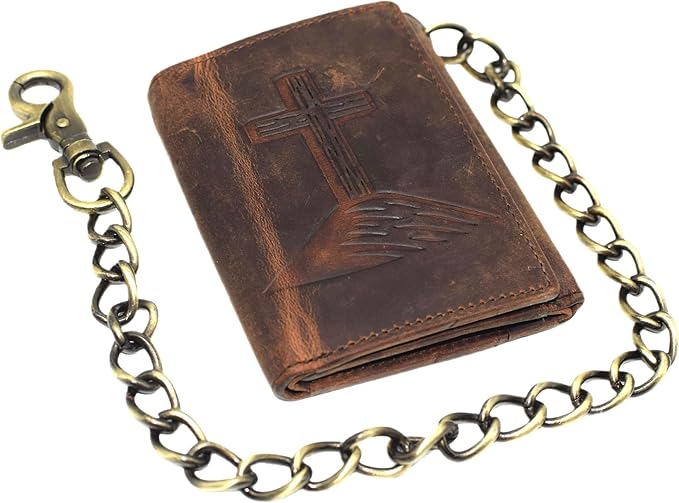 Men's RFID Blocking Trifold Vintage Leather Biker Chain Wallet With Snap Closure