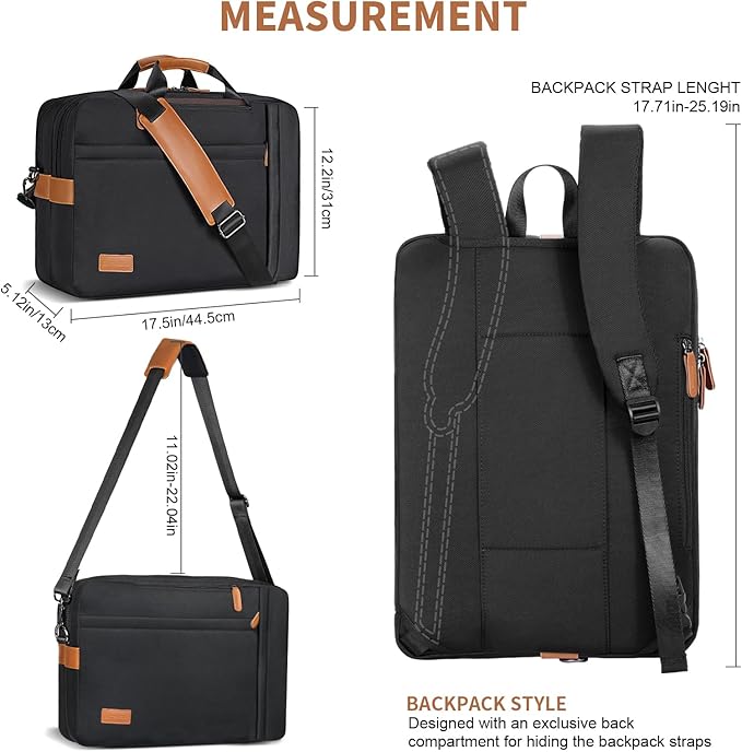 ESTARER 3 In 1 Laptop Bag for Men, 17-17.3 Inch Laptop Backpack Computer Satchel Bag for Work/Travel/Business, Convertible Briefcase Water resistant Nylon Messenger Backpack (Black)