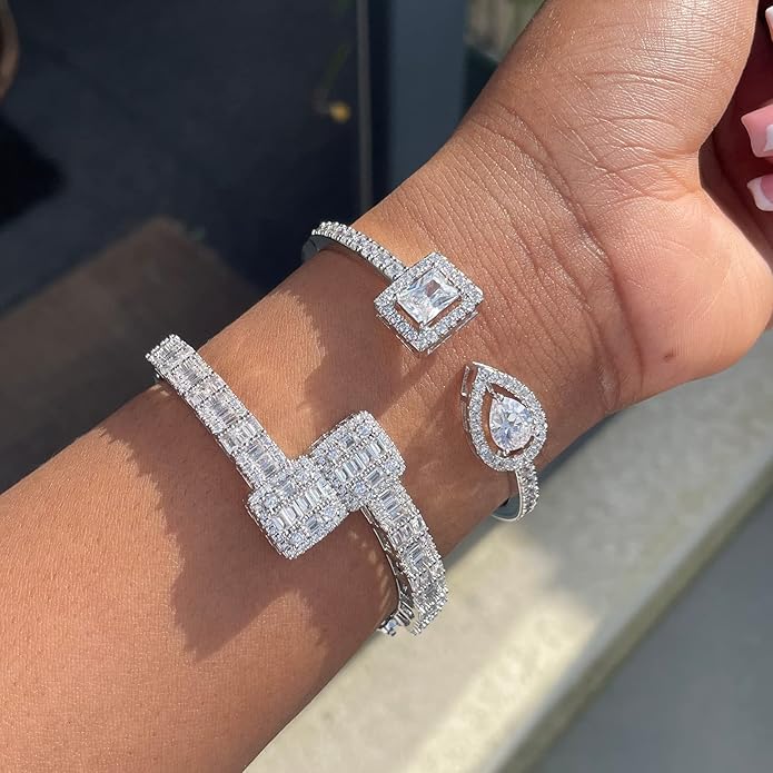 Lulu Mel Iced Out Baguette Diamond Bracelet Jewelry for Women, Hip Hop Mens 14k Gold Silver Plated Cubic Zirconia Bangle Bracelet, Men Heart Cuff Bracelet With Jewelry Box