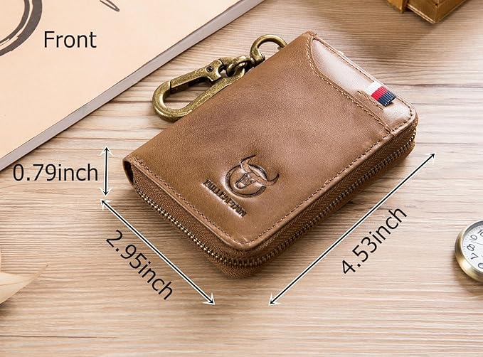 Men's Zipper Key Organizer Rfid Wallet with 6 Hooks Leather Key Holder Case (Yellow brown)