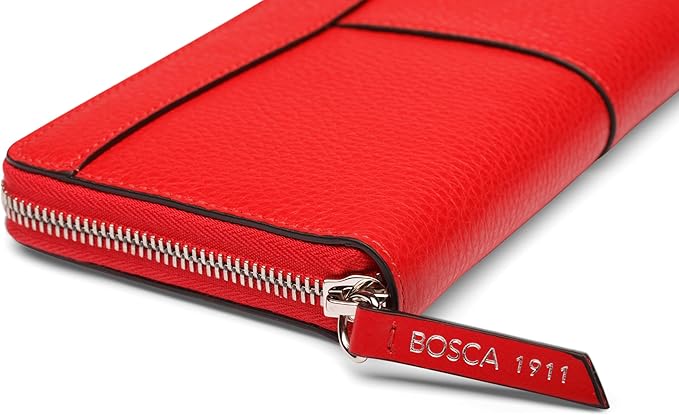 Bosca Womens Wallet - Slim Italian Leather Zip 8" Wallet For Women, Handmade in Italy - 12 Card Pockets, 2 Bill/Phone Pockets, Zipper Coin Pocket, Red