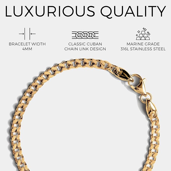 Elegatto Cuban Chain Premium 18K Gold Plated Bracelet for Men| Polished Gold-Plated Stainless Steel Cuban Link Chain | Men's Designer Jewelry Bracelets