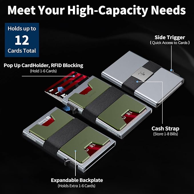 Slim Aluminum Card Holder Wallet for Men, Durable Expandable Backplate, RFID Blocking Minimalist Metal Pop Up Wallet, Holds 12+ Cards Plus Cash