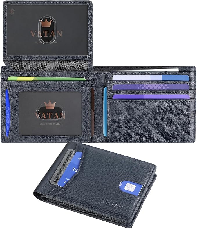 VATAN Wallet for Men, Mens Minimalist Wallet Credit Card Holder, Slim Leather Rfid 2 ID Window Large Capacity With Gift Box (Carbon Black and Blue)
