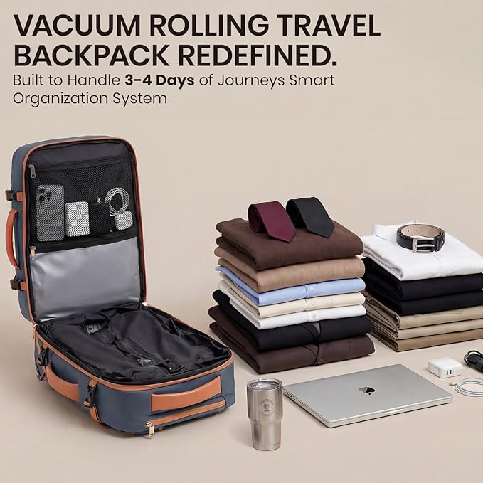 Fanwoli Rolling Vacuum Backpack Travel with One-Button Compression, Expandable Carry-On Suitcase Luggage, Approved TSA Lock & Water-Proof Laptop Compartment for Outdoor/Family/Business Trips