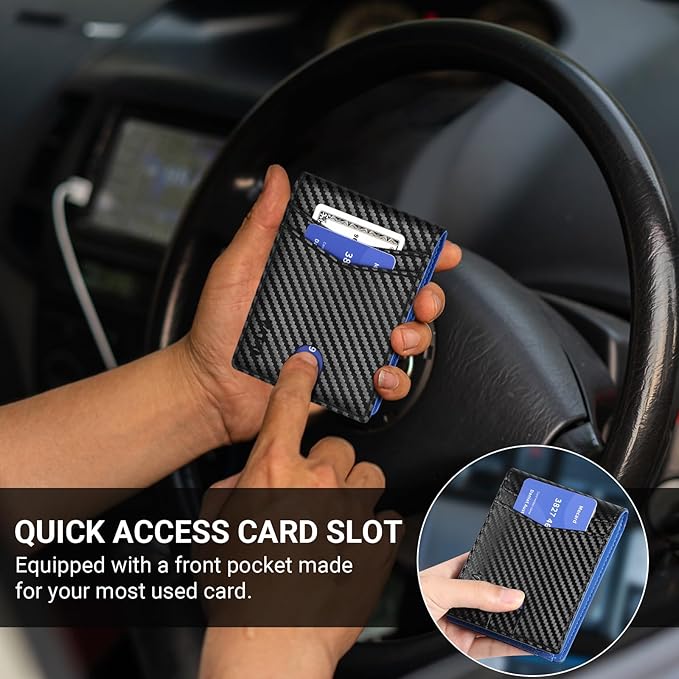 VATAN Wallet for Men, Mens Minimalist Wallet Credit Card Holder, Slim Leather Rfid 2 ID Window Large Capacity With Gift Box (Carbon Black and Blue)
