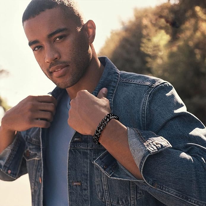 Stainless Steel Bracelets for Men,Cuban Link Mens Bracelet Silver/Black/Gold Plated Classic Chain Wrist Bracelets Jewelry Gifts for Dad Husband 5/7/9/12MM Width,7.5"/8.3"/9" Length with Gift Box