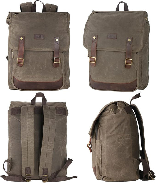 Waterproof Waxed Canvas Backpack for Men Travel Rucksack Leather Trimming (Green)