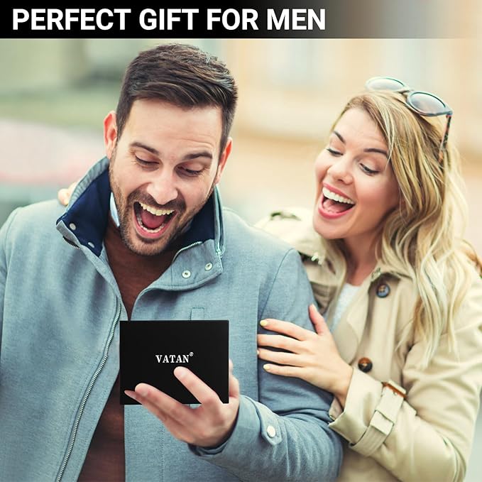 VATAN Wallet for Men, Mens Minimalist Wallet Credit Card Holder, Slim Leather Rfid 2 ID Window Large Capacity With Gift Box (Carbon Black and Blue)