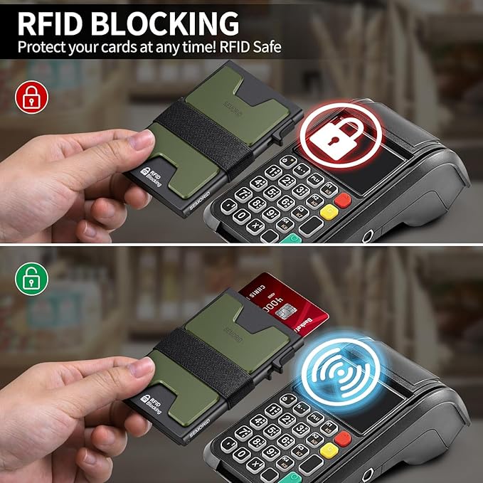 Slim Wallet for Men, RFID Blocking Mens Wallets, Minimalist Pop Up Men's Credit Card Holder, Sturdy Metal Card Case with Cash Strap - 12+ Cards Capacity