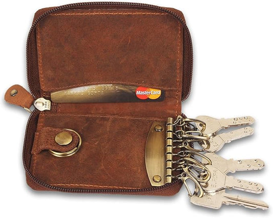 RUSTIC TOWN Leather Key Holder Case - Zippered Key Organizer Wallet with 8 Hooks for Keys, Cash & Card - Gift for Men Women