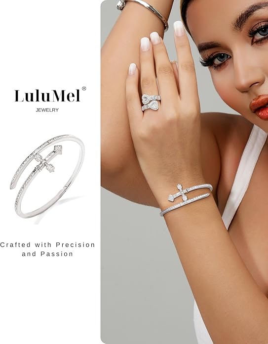 Lulu Mel Iced Out Baguette Diamond Bracelet Jewelry for Women, Hip Hop Mens 14k Gold Silver Plated Cubic Zirconia Bangle Bracelet, Men Heart Cuff Bracelet With Jewelry Box