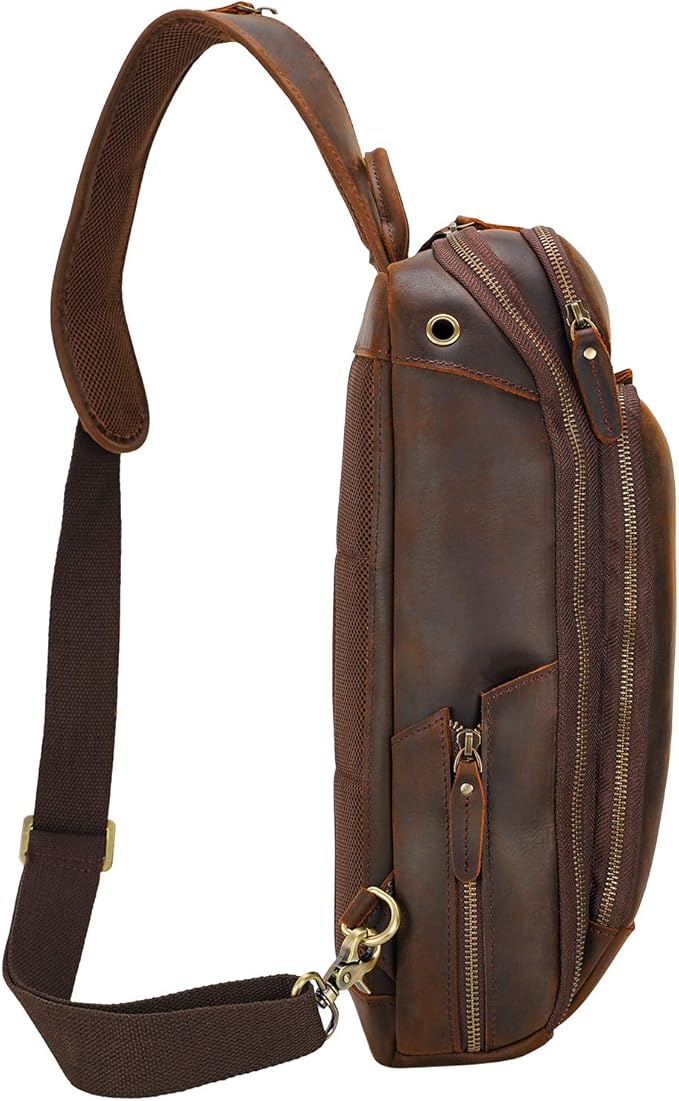 Polare Modern Style Sling Shoulder Bag Men’s Travel/Hiking Daypack with Full Grain Italian Leather and YKK Zippers