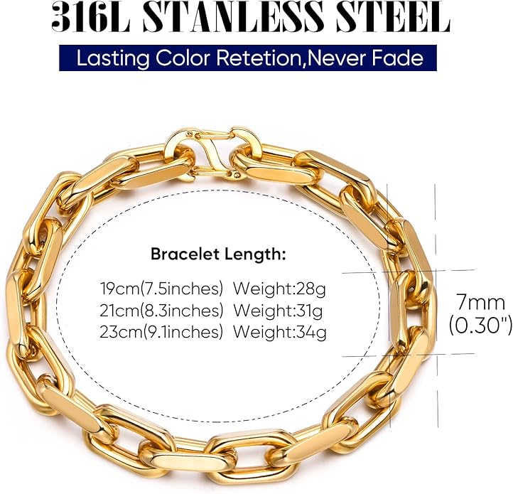 VNOX Link Chain Bracelets for Men - Cool Mens Bracelets Diamond-Cut Paperclip Solid Chain Bracelet Chunky Stainless Steel Jewelry Trendy Gifts