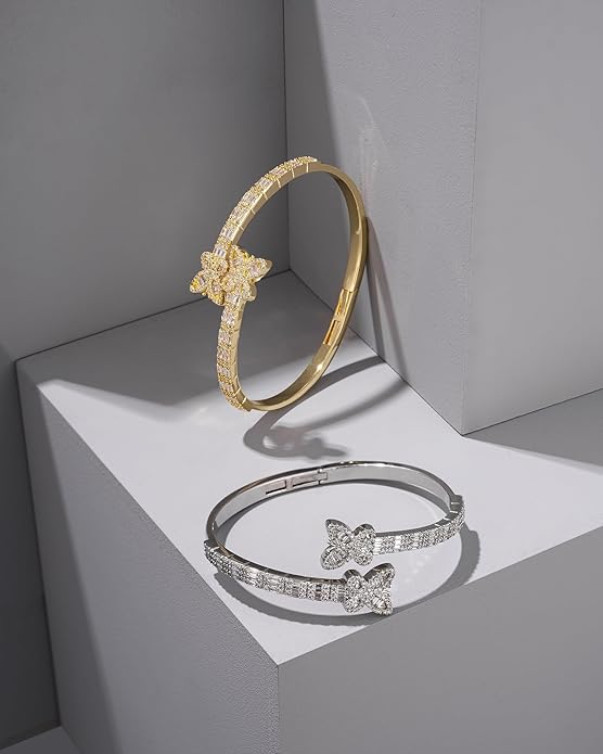 Lulu Mel Iced Out Baguette Diamond Bracelet Jewelry for Women, Hip Hop Mens 14k Gold Silver Plated Cubic Zirconia Bangle Bracelet, Men Heart Cuff Bracelet With Jewelry Box