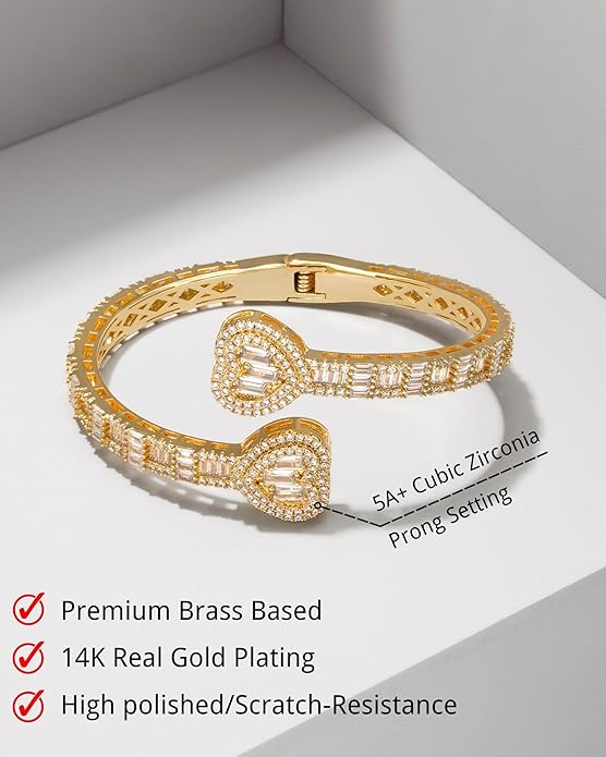 Lulu Mel Iced Out Baguette Diamond Bracelet Jewelry for Women, Hip Hop Mens 14k Gold Silver Plated Cubic Zirconia Bangle Bracelet, Men Heart Cuff Bracelet With Jewelry Box