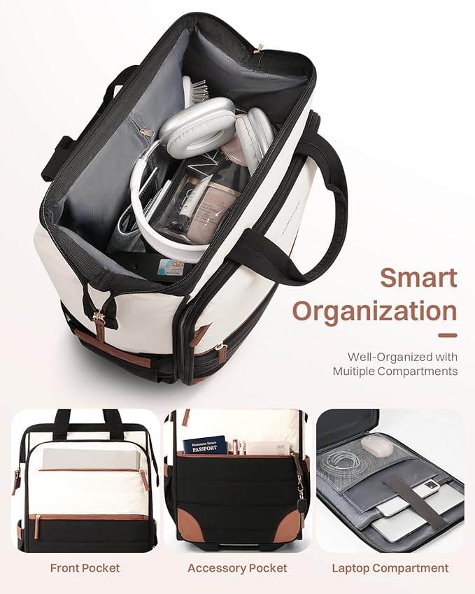 Rolling Puffer Backpack for Women, Travel Backpack with Wheels, 16 Inch Wheeled Laptop Backpack, Dual-Opening Design Overnight College Underseat Carry on Luggage, Roller Business Work Bag, Beige Brown