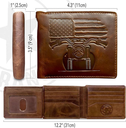 MID WEST RANGE Patriotic Biker Bifold Wallet with Chain for Men – Distressed Brown Leather, RFID-Blocking with 10 Card Slots, Flip-Out ID Holder, Embossed American Flag and Motorcycle Design