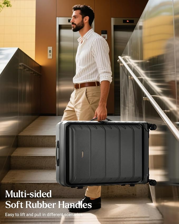 Luggage Sets 2 Pieces, 20/28 Inch PC Hardshell Suitcase with Spinner Wheels, 20 Inch Expandable Clamshell Carry On Luggage and 28 Inch Aluminum Frame Top Opening Checked Luggage (Black)