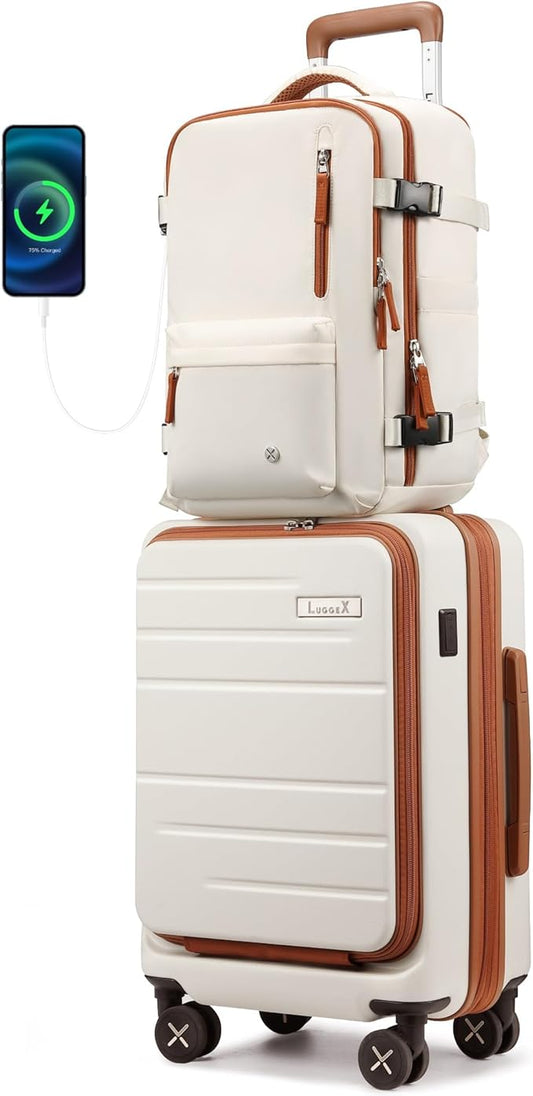 LUGGEX Carry On Luggage with Compartment, Expandable Polycarbonate Suitcase with Front Pocket (Hazelnut Ivory Edge, 2-Piece (20/Backpack))