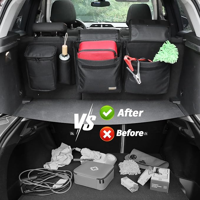 Deluxe Car Trunk Organizer, Detachable Backseat Hanging Organizer Storage Modules with Built-in Cooler for Car Small SUV, Patent Pending