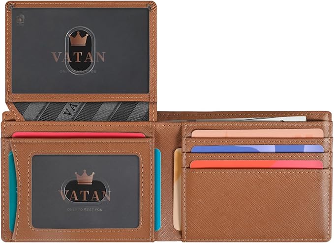 VATAN Wallet for Men, Mens Minimalist Wallet Credit Card Holder, Slim Leather Rfid 2 ID Window Large Capacity With Gift Box (Cross Grain Brown)