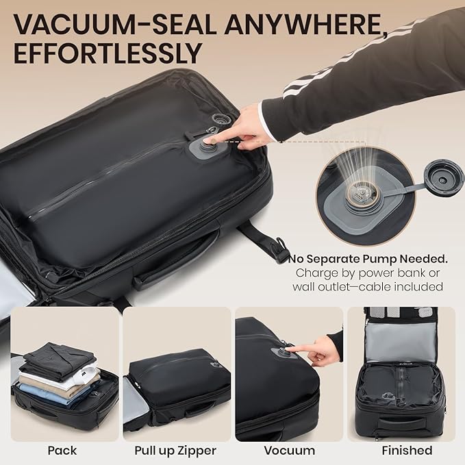 Fanwoli Rolling Vacuum Backpack Travel with One-Button Compression, Expandable Carry-On Suitcase Luggage, Approved TSA Lock & Water-Proof Laptop Compartment for Outdoor/Family/Business Trips