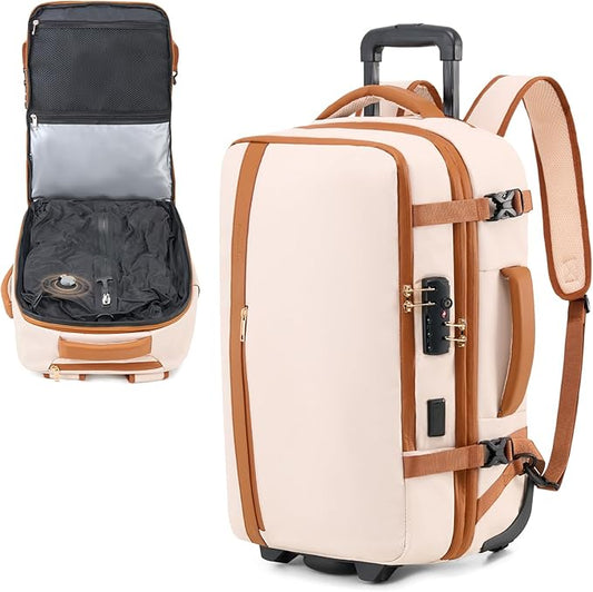 Fanwoli Rolling Vacuum Backpack Travel with One-Button Compression, Expandable Carry-On Suitcase Luggage, Approved TSA Lock & Water-Proof Laptop Compartment for Outdoor/Family/Business Trips