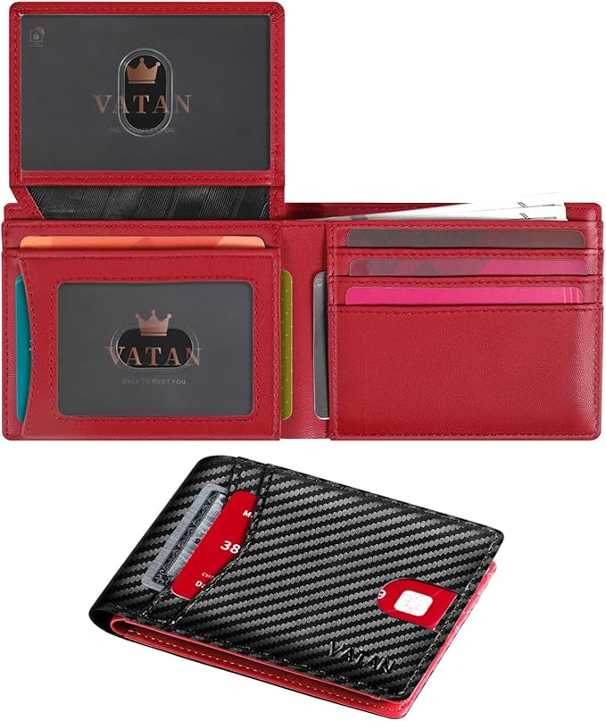 VATAN Wallet for Men, Mens Minimalist Wallet Credit Card Holder, Slim Leather Rfid 2 ID Window Large Capacity With Gift Box (Carbon black and Red)