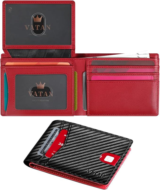 VATAN Wallet for Men, Mens Minimalist Wallet Credit Card Holder, Slim Leather Rfid 2 ID Window Large Capacity With Gift Box (Carbon black and Red)
