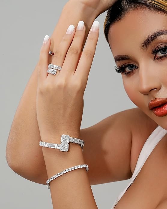 Lulu Mel Iced Out Baguette Diamond Bracelet Jewelry for Women, Hip Hop Mens 14k Gold Silver Plated Cubic Zirconia Bangle Bracelet, Men Heart Cuff Bracelet With Jewelry Box