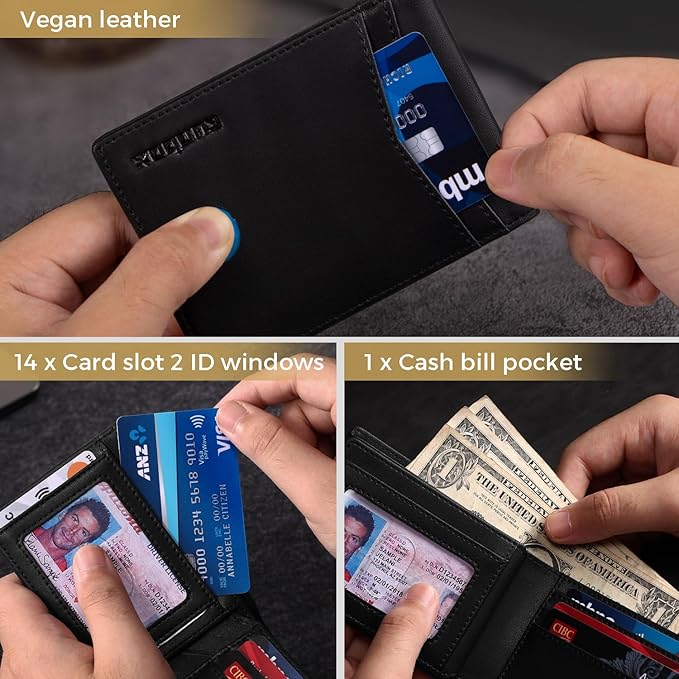 RUNBOX Wallet for Men Bifold RFID Blocking Wallets with 2 ID Window 14 Card Holders 1 cash pocket 1 Gift Box