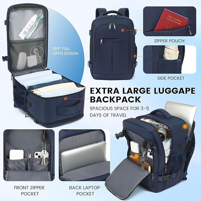 Travel Laptop Backpack, Carry on Backpack, 15.6 Inch Durable Business Work Sport Bag with USB Port, Water Resistant Rucksack Book Bag Gifts for Men Women, Blue