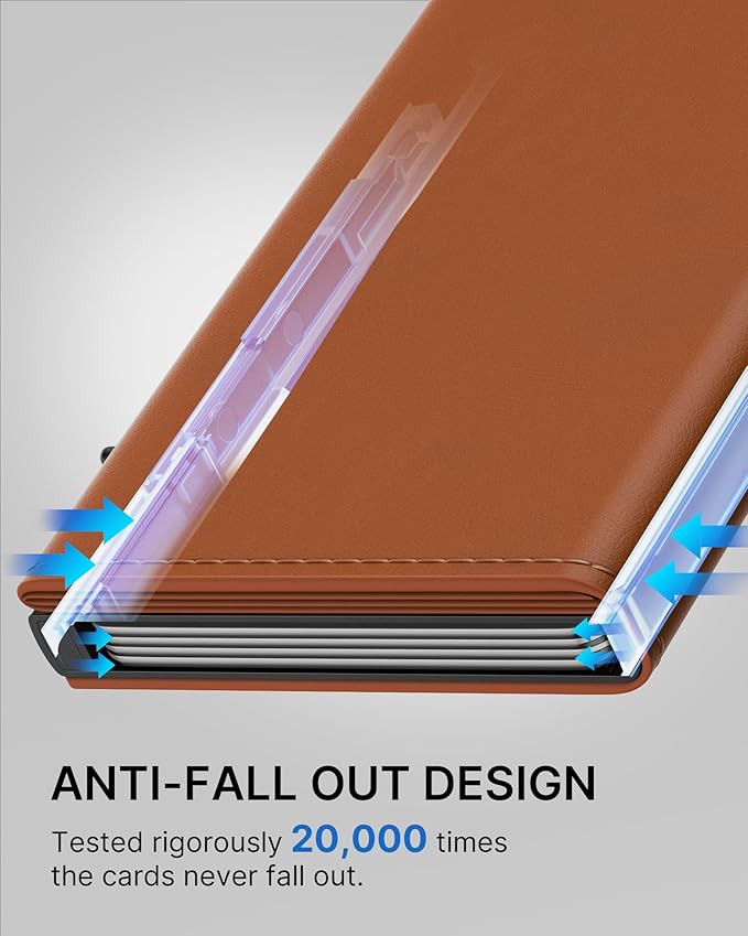 typecase Mens Wallet Card Holder: Pop Up Aluminum Case, Premium Genuine Leather, Smart, RFID Blocking, Slim, Minimalist, Front Pocket - 9-14 Card Capacity | ID Window | Cash Slot - Jet Brown