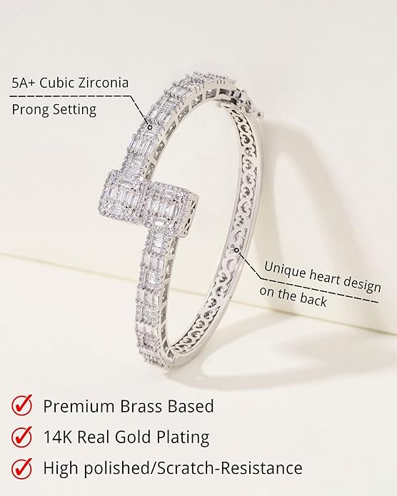 Lulu Mel Iced Out Baguette Diamond Bracelet Jewelry for Women, Hip Hop Mens 14k Gold Silver Plated Cubic Zirconia Bangle Bracelet, Men Heart Cuff Bracelet With Jewelry Box