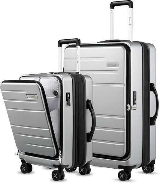 LUGGEX Luggage Sets 2 Pieces, Expandable 20 Inch Carry On Luggage and 28 Inch Checked Suitcase with Front Opening (Silver Grey, 20/28)