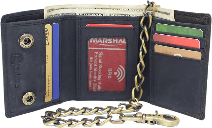 Men's RFID Blocking Trifold Vintage Leather Biker Chain Wallet With Snap Closure