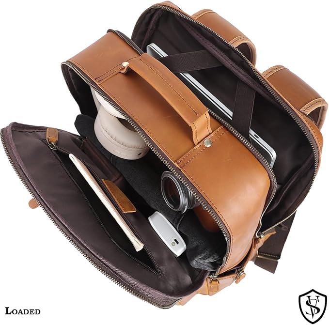 STAR VISTA 15.6" Trajan Vintage Full Grain Leather Laptop Backpack for Men, Multi Pockets, Casual Outdoor Business Travel Rucksack, YKK Zippers, Light Brown
