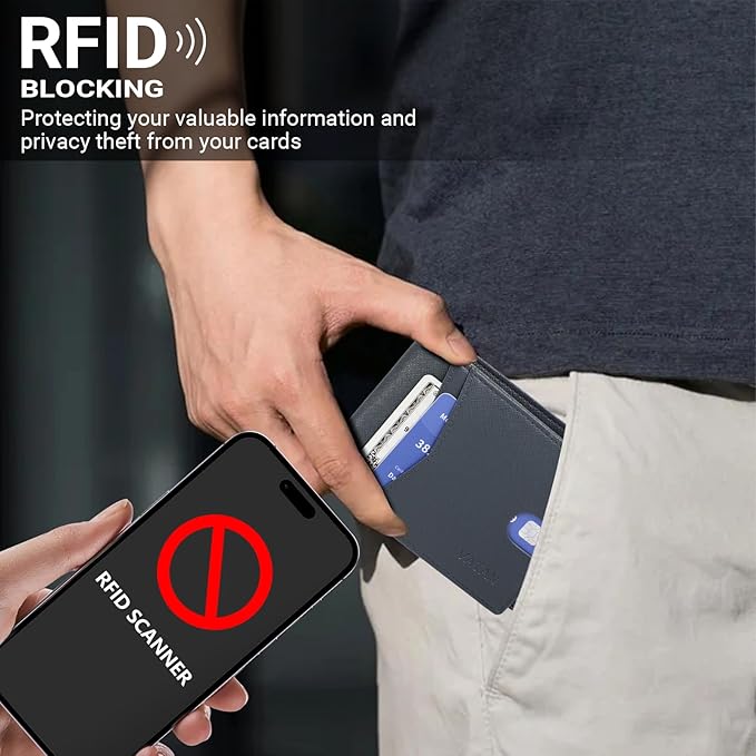 VATAN Wallet for Men, Mens Minimalist Wallet Credit Card Holder, Slim Leather Rfid 2 ID Window Large Capacity With Gift Box (Cross Grain Deep Blue)