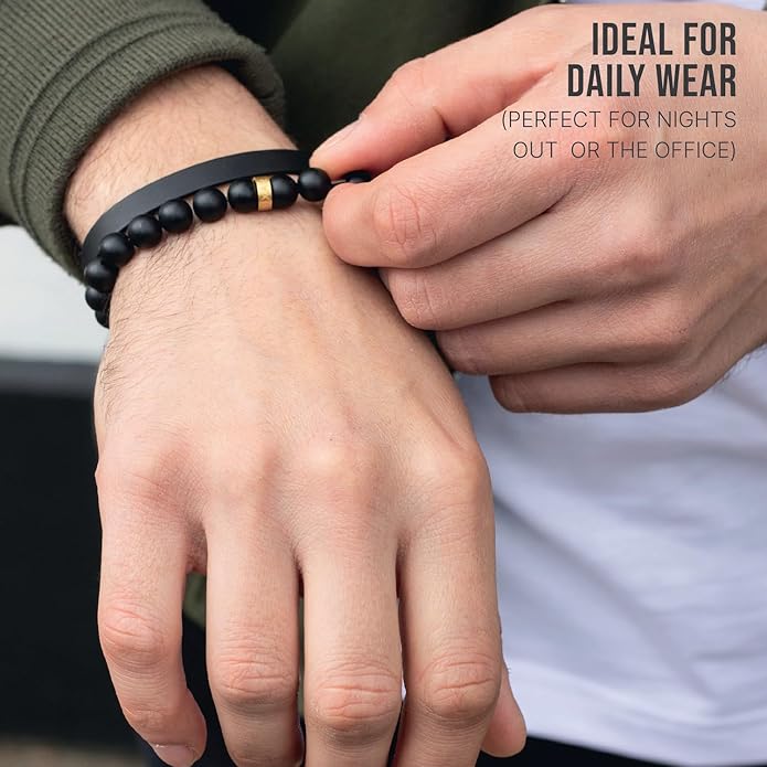 LUXAR Men’s Black Onyx Stone Bead Bracelets | Matte Black 8mm Stone | Minimalist, Designer Jewelry for Men