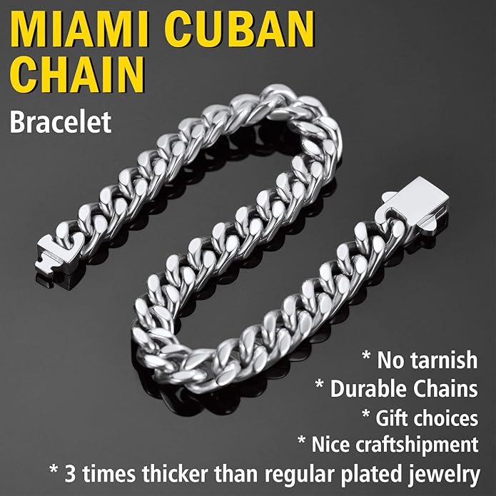 Stainless Steel Bracelets for Men,Cuban Link Mens Bracelet Silver/Black/Gold Plated Classic Chain Wrist Bracelets Jewelry Gifts for Dad Husband 5/7/9/12MM Width,7.5"/8.3"/9" Length with Gift Box