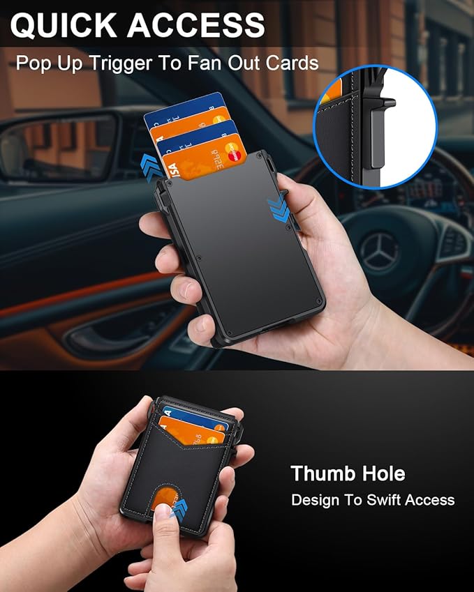 Wallet for Men, Mens Minimalist Wallet 9-13 Cards, Slim Compact Wallet with Money Clip & ID Window, RFID Blocking Smart Pop Up Card Wallet, Metal Aluminum Credit Card Holder Bifold Wallet