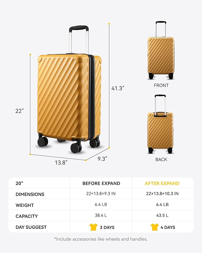 LUGGEX Luggage with Spinner Wheels, Polycarbonate Expandable Hard Shell Suitcase, Carry On 20 Inch, Yellow