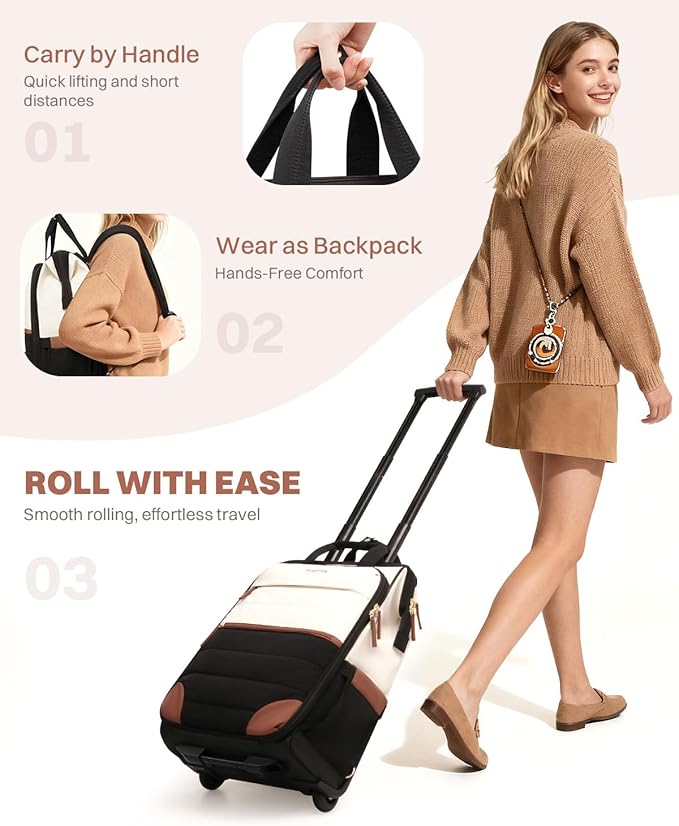 Rolling Puffer Backpack for Women, Travel Backpack with Wheels, 16 Inch Wheeled Laptop Backpack, Dual-Opening Design Overnight College Underseat Carry on Luggage, Roller Business Work Bag, Beige Brown