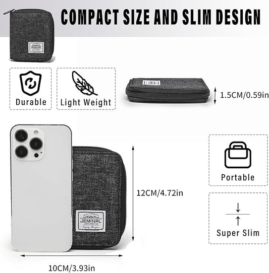 JEMINAL Zip Short Wallet for Men Women Travel Bifold Vertical Fabric Canvas Wallet with Card Case Women' Large Capacity Zip Wallet with Coin Purse Gifts for Men Him (Vertical-Black)